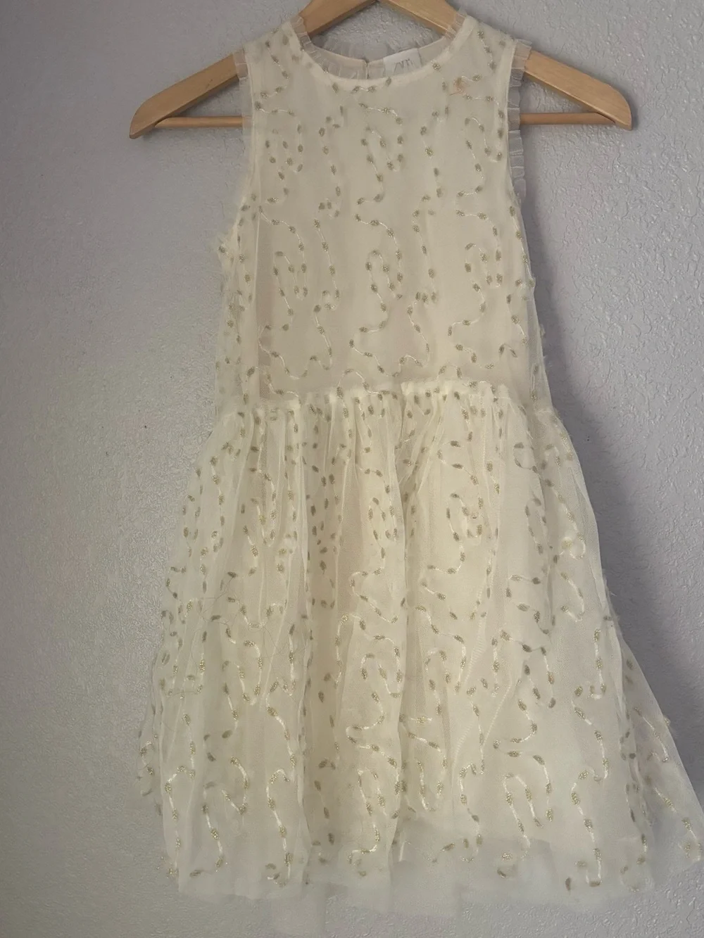 ZARA Kids Girls White Gold Metallic Embroidery Tulle Dress